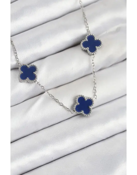 316L Çelik Zincir Gümüş Lacivert Renk Yonca Kadın Kolye