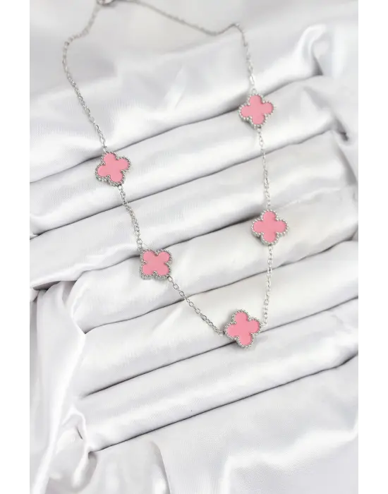 316L Çelik Zincir Gümüş Pembe Renk Yonca Kadın Kolye