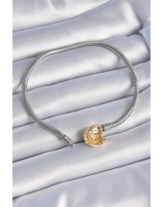 316L Çelik Zincir Gümüş Renk Altın Kalp İşleme Detaylı Charm Model Kadın Bileklik