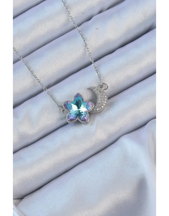  Zincir Gümüş  Ay Tasarımlı li Zirkon Taşlı Çiçek Çelik Kolye