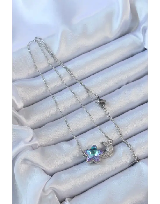  Zincir Gümüş  Ay Tasarımlı li Zirkon Taşlı Çiçek Çelik Kolye