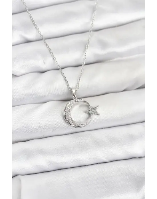 316L Çelik Zincir Gümüş Renk Ay Yıldız Model Zirkon Taşlı Kadın Kolye