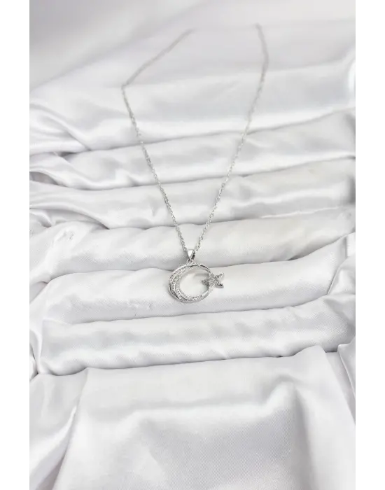 316L Çelik Zincir Gümüş Renk Ay Yıldız Model Zirkon Taşlı Kadın Kolye