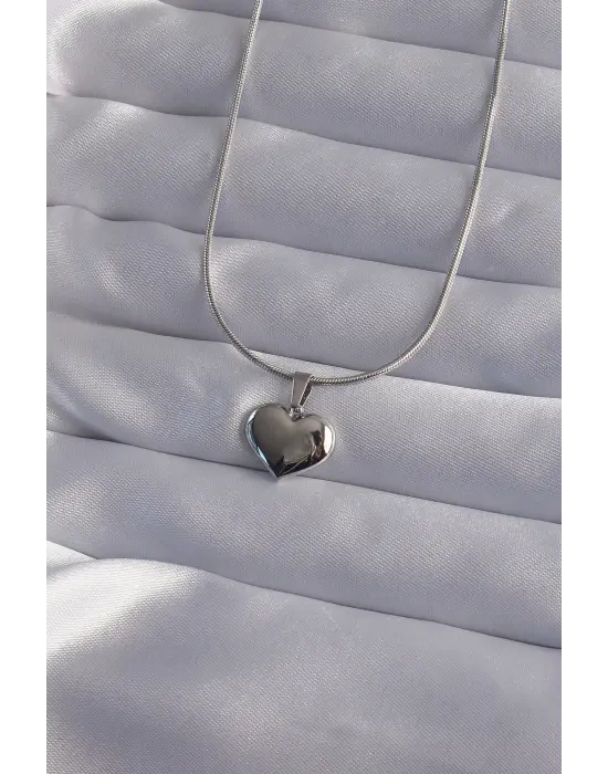  Zincir Gümüş  Ayna Plaka Kalp Çelik Kolye