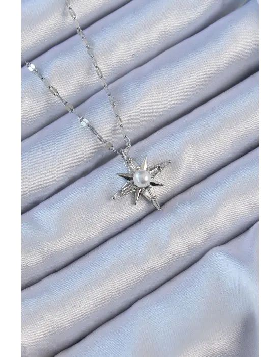  Zincir Gümüş  Baget Taşlı İnci Detay Kutup Yıldızı Çelik Kolye