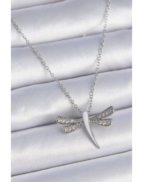  Zincir Gümüş  Beyaz Sedefli Zirkon Taş Detay Yusufçuk Model  Çelik Kolye