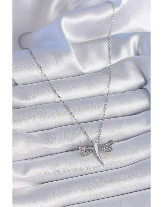  Zincir Gümüş  Beyaz Sedefli Zirkon Taş Detay Yusufçuk Model  Çelik Kolye