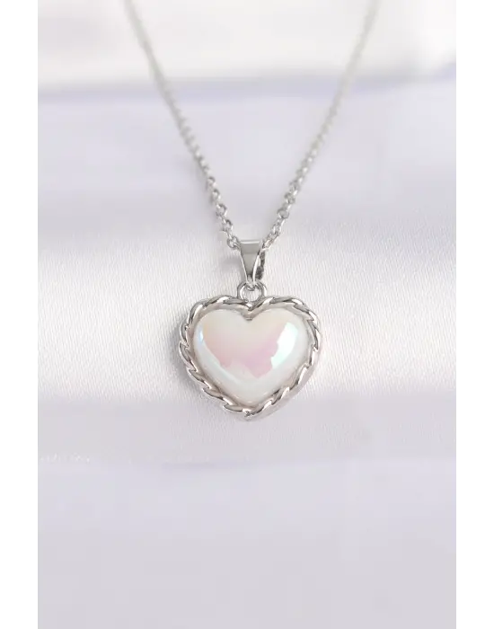  Zincir Gümüş  Beyaz Taşlı Bombeli Kalp Çelik Kolye