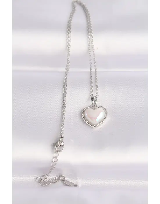  Zincir Gümüş  Beyaz Taşlı Bombeli Kalp Çelik Kolye
