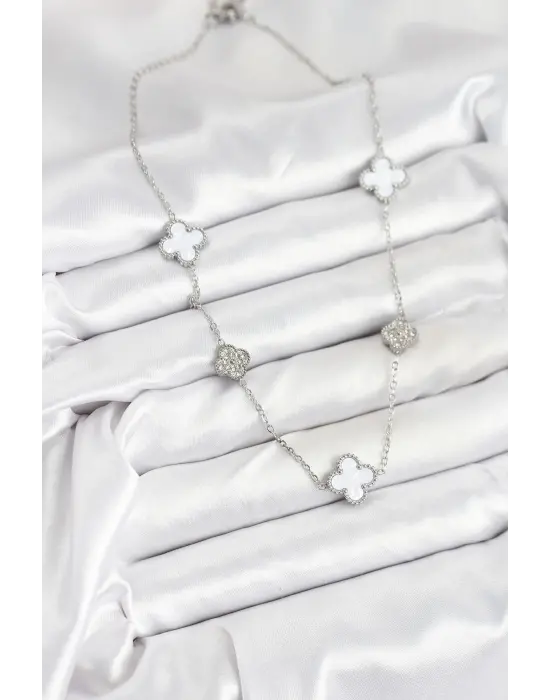 316L Çelik Zincir Gümüş Renk Beyaz ve Zirkon Taşlı Yonca Kadın Kolye