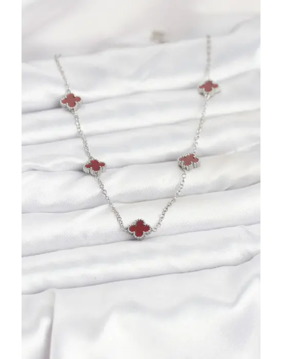 316L Çelik Zincir Gümüş Renk Bordo Baby Boy Yonca Kadın Kolye