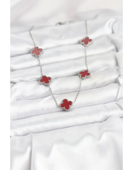 316L Çelik Zincir Gümüş Renk Bordo Renk Yonca Kadın Kolye