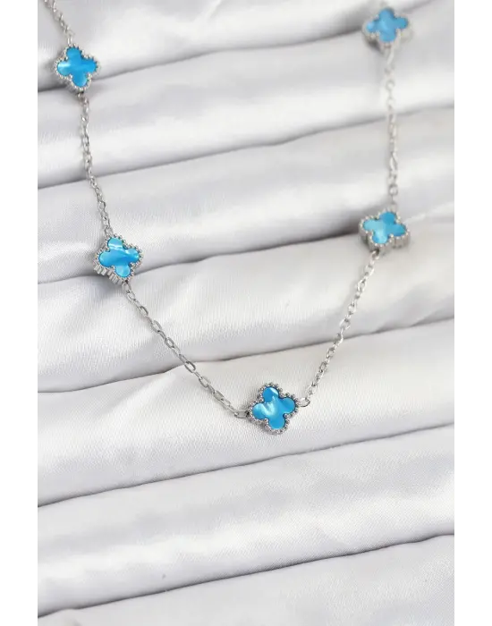 316L Çelik Zincir Gümüş Renk Buz Mavisi Baby Boy Yonca Kadın Kolye