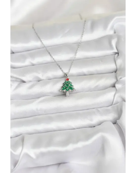 316L Çelik Zincir Gümüş Renk Çam Ağacı Model Yılbaşı Temalı Kadın Kolye