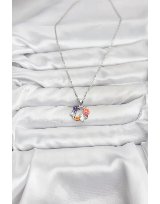 316L Çelik Zincir Gümüş Renk Çiçekli Kedili Model Kadın Kolye