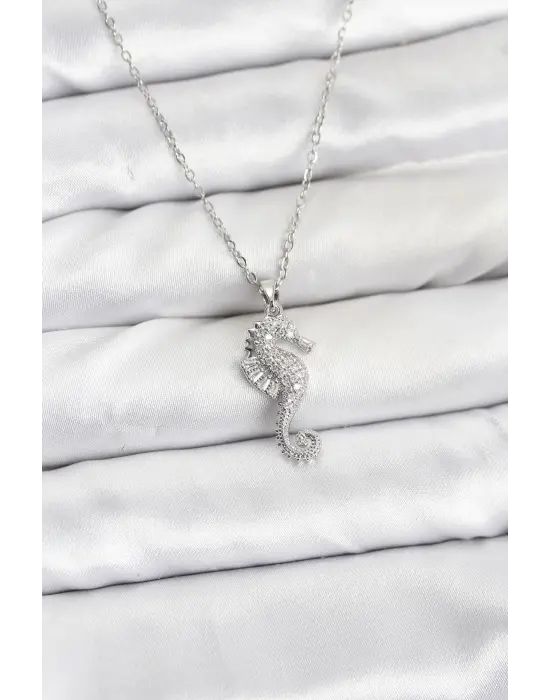 316L Çelik Zincir Gümüş Renk Deniz Atı Model Zirkon Taşlı Kadın Kolye