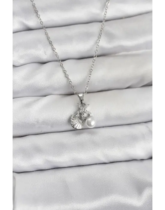 316L Çelik Zincir Gümüş Renk Deniz Kabuğu ve Deniz Yıldızı Model Zirkon Taşlı Kadın Kolye