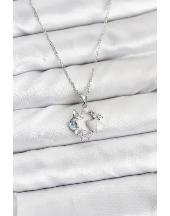 316L Çelik Zincir Gümüş Renk Deniz Tema Model Zirkon Taşlı Kadın Kolye