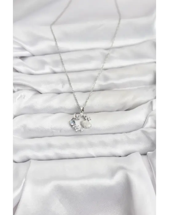 316L Çelik Zincir Gümüş Renk Deniz Tema Model Zirkon Taşlı Kadın Kolye