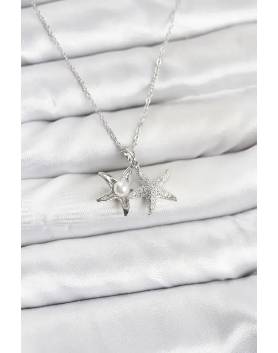 316L Çelik Zincir Gümüş Renk Deniz Yıldızı Model Zirkon Taşlı Kadın Kolye