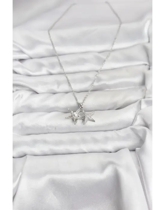 316L Çelik Zincir Gümüş Renk Deniz Yıldızı Model Zirkon Taşlı Kadın Kolye