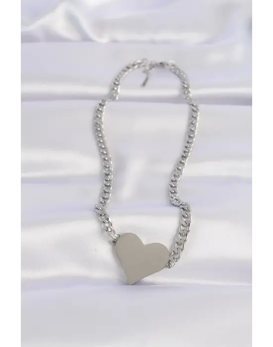  Zincir Gümüş  Düz Plaka Kalp Çelik Kolye