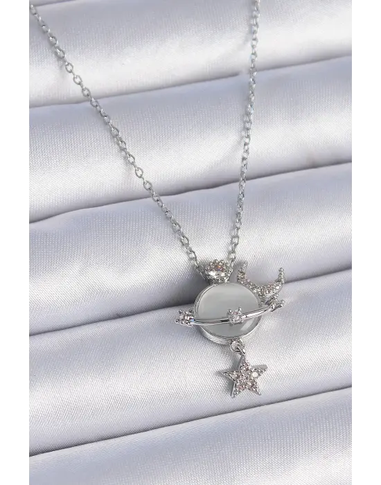  Zincir Gümüş  Gezegen Model Zirkon Taşlı Ay Yıldız Detay  Çelik Kolye