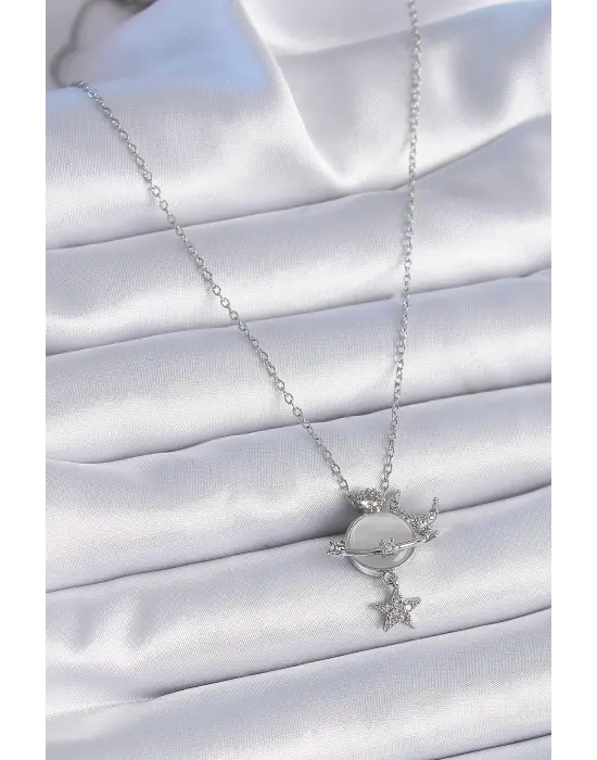  Zincir Gümüş  Gezegen Model Zirkon Taşlı Ay Yıldız Detay  Çelik Kolye