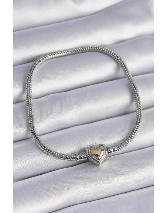 316L Çelik Zincir Gümüş Renk Gold Renk Kalp Figür Charm Model Kadın Bileklik