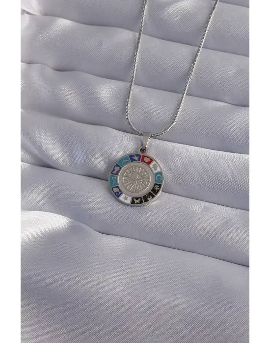  Zincir Gümüş  Göz Temalı Madalyon Şans Çelik Kolye