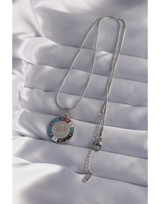  Zincir Gümüş  Göz Temalı Madalyon Şans Çelik Kolye