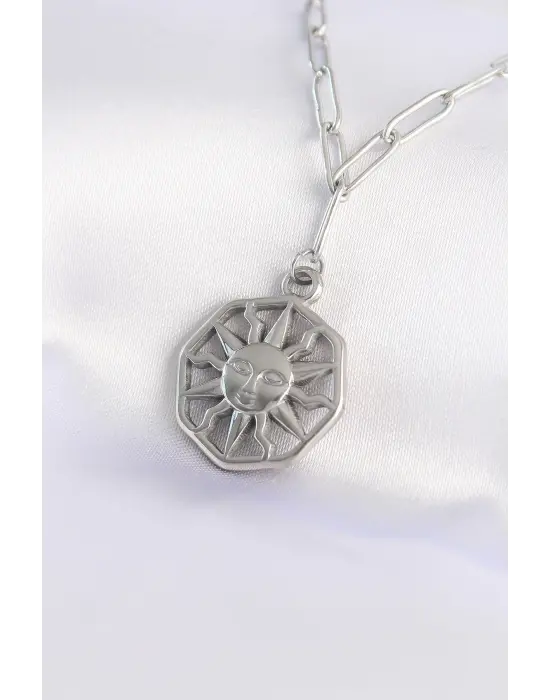  Zincir Gümüş  Güneş Çelik Kolye