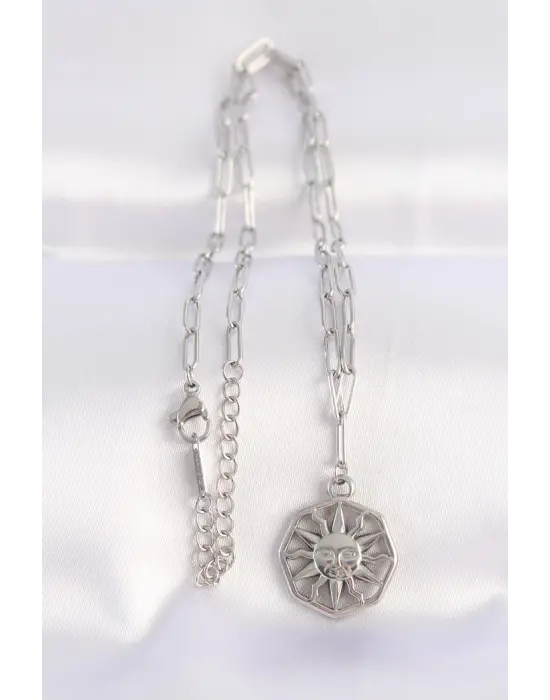  Zincir Gümüş  Güneş Çelik Kolye