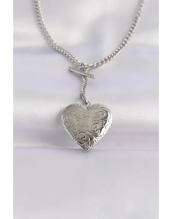  Zincir Gümüş  İçi Açılan Çiçek Desenli Kalp Çelik Kolye