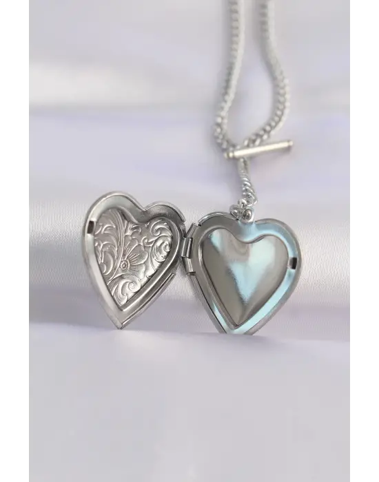  Zincir Gümüş  İçi Açılan Çiçek Desenli Kalp Çelik Kolye