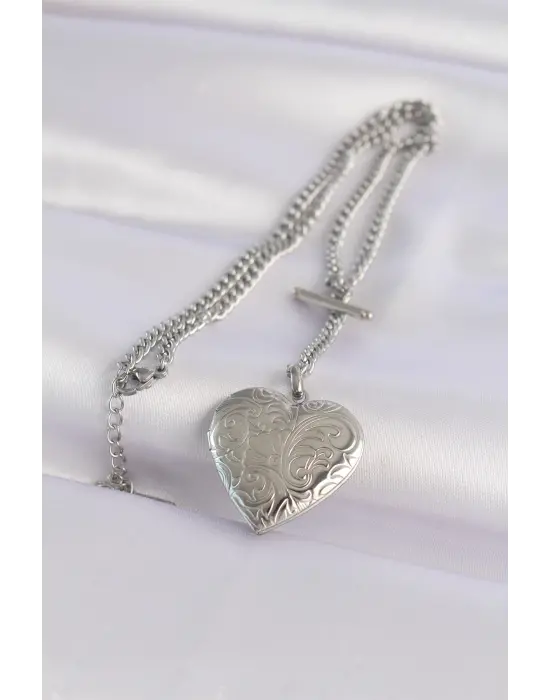  Zincir Gümüş  İçi Açılan Çiçek Desenli Kalp Çelik Kolye