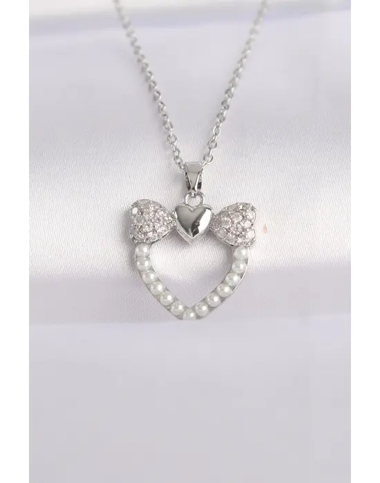  Zincir Gümüş  İnci Taş Detay Zirkon Taşlı Kalp Çelik Kolye