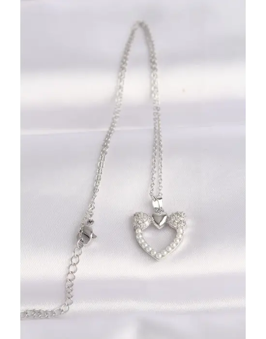  Zincir Gümüş  İnci Taş Detay Zirkon Taşlı Kalp Çelik Kolye