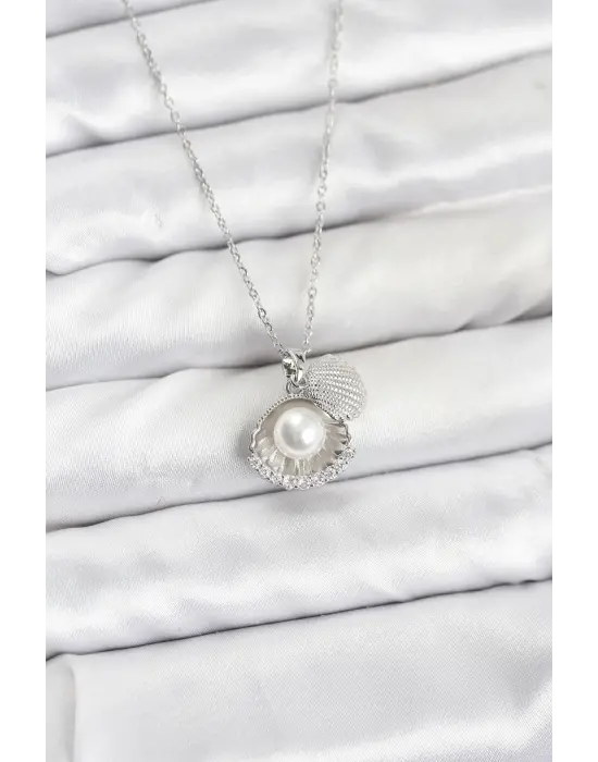 316L Çelik Zincir Gümüş Renk İncili Deniz Kabuğu Model Zirkon Taşlı Kadın Kolye