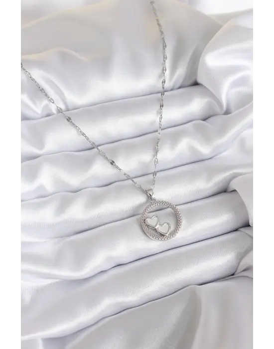  Zincir Gümüş  İşleme Detay Halka Kalp Model  Çelik Kolye