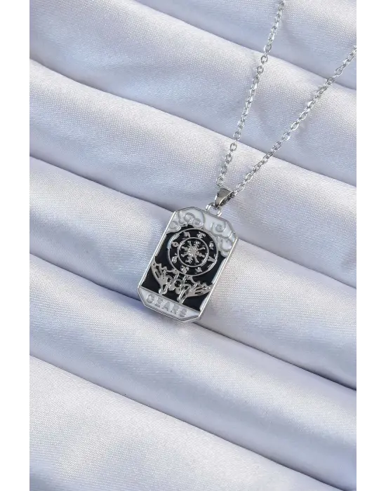  Zincir Gümüş  İşlemeli Siyah Mineli Tarot Çelik Kolye