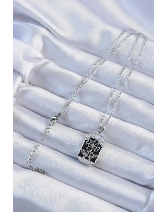  Zincir Gümüş  İşlemeli Siyah Mineli Tarot Çelik Kolye
