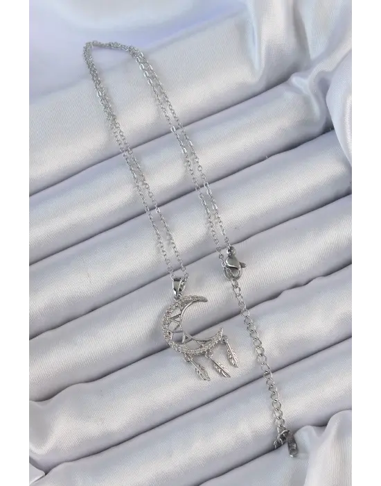  Zincir Gümüş  İşlemeli Zirkon Taşlı Ay Çelik Kolye