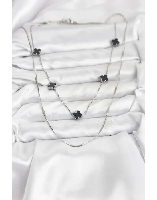 316L Çelik Zincir Gümüş Renk İtalyan Zincirli Siyah Yonca Model Kadın Kolye