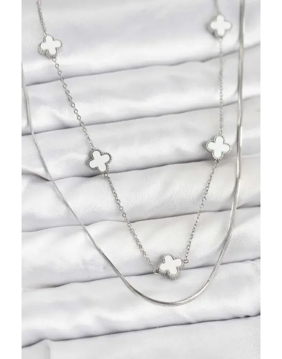 316L Çelik Zincir Gümüş Renk İtalyan Zincirli Yonca Model Kadın Kolye