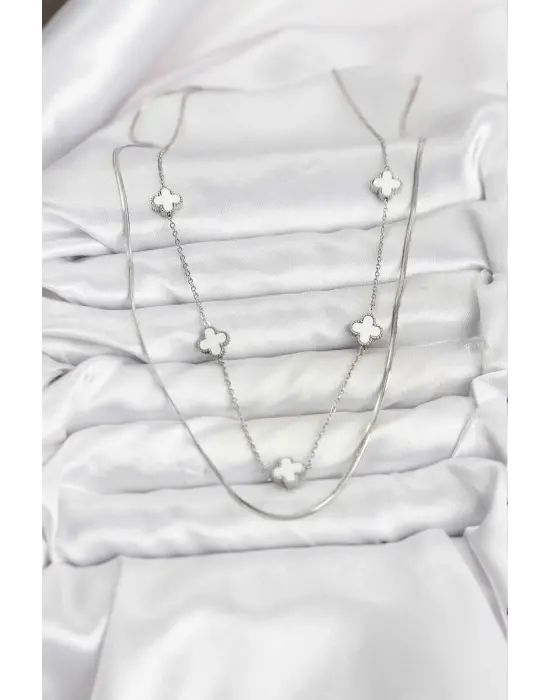 316L Çelik Zincir Gümüş Renk İtalyan Zincirli Yonca Model Kadın Kolye