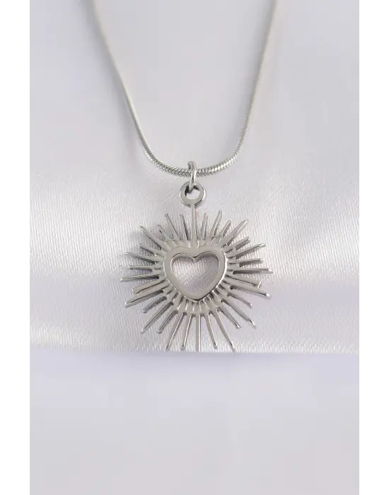  Zincir Gümüş  Kalp Güneşi Tasarımlı Çelik Kolye