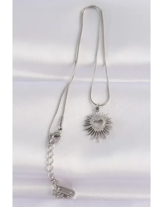  Zincir Gümüş  Kalp Güneşi Tasarımlı Çelik Kolye