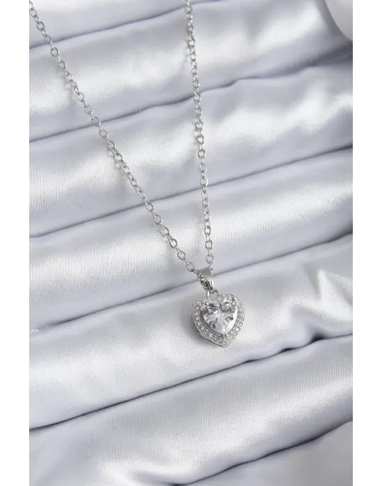  Zincir Gümüş  Kalp Model Charm  Çelik Kolye