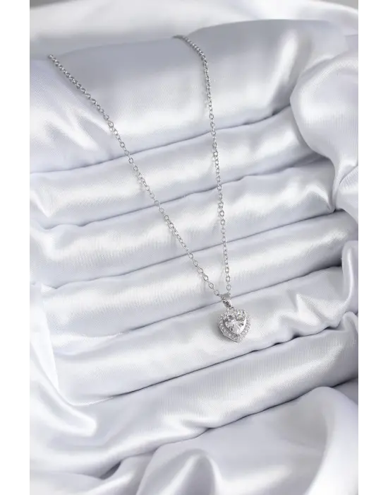  Zincir Gümüş  Kalp Model Charm  Çelik Kolye